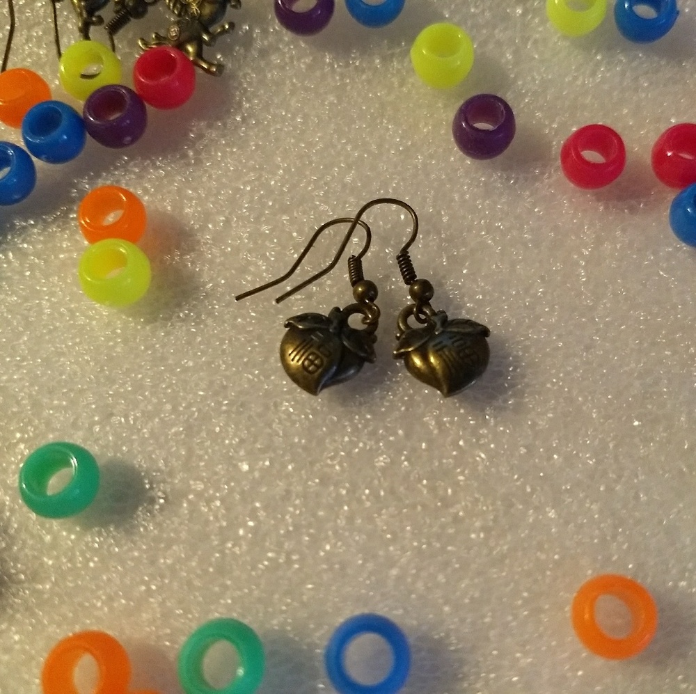 APPLE EARRINGS - brass fruit peach plum charm ear